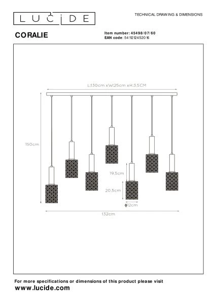 Lucide CORALIE - Pendant light - 7xE27 - Transparant - technical